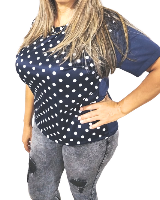 Blusa Azul Marino Con Circulos Blancos