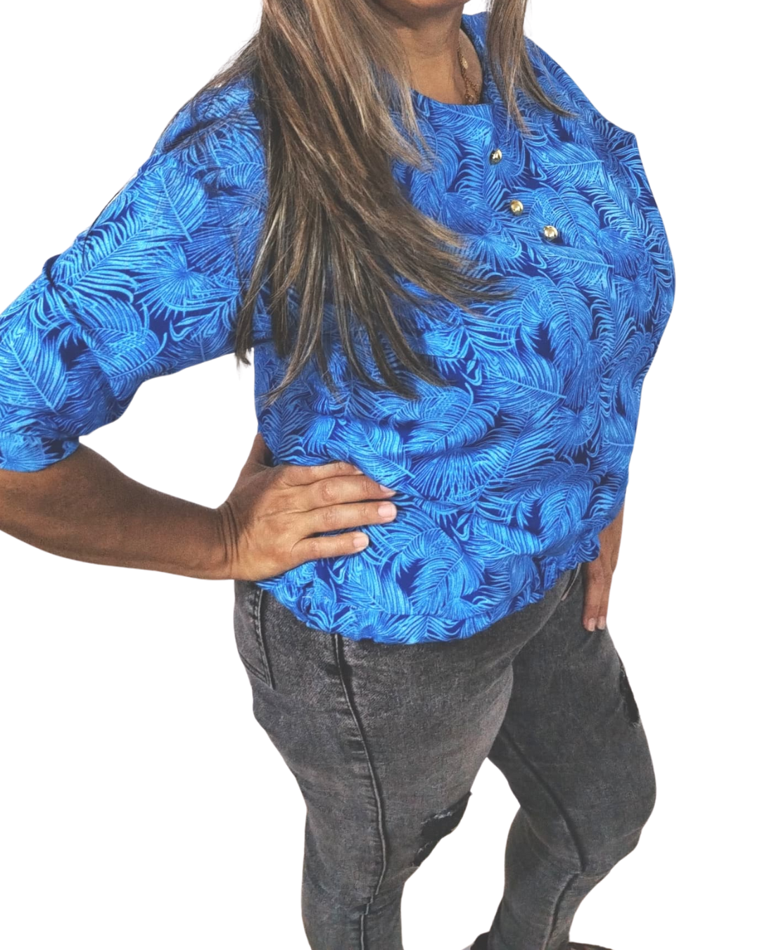 Blusa Azul Marino Con Detalles de Palmeras