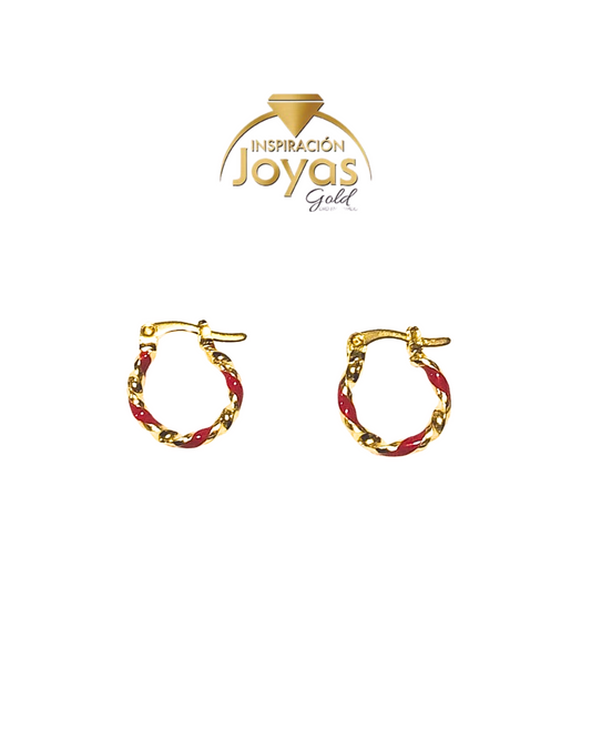 Argollas Medianas Trenzada Con Rojo (22952) Oro Enchapado