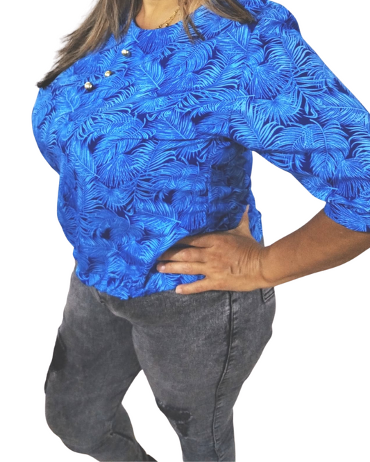 Blusa Azul Marino Con Detalles de Palmeras