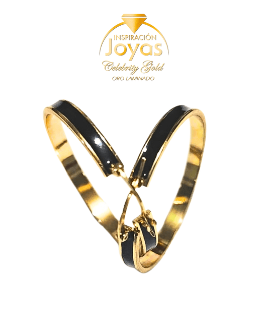 Argollas Medianas Borde Ancho con Borde Negro(530070) Oro Laminado