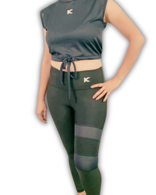 Conjunto Gym Kirios Top De Malla y Licra Con Transparencia Gris