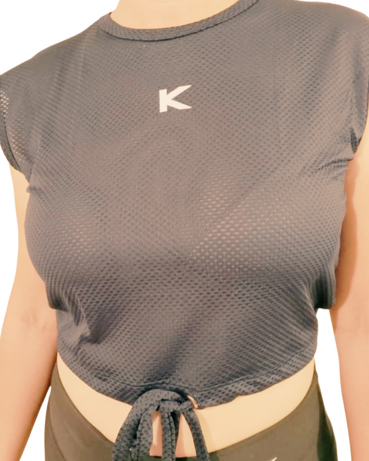 Conjunto Gym Kirios Top De Malla y Licra Con Transparencia Gris