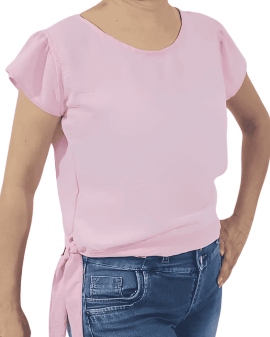 Blusa Rosada Con Detalles de Lazo a la Cintura