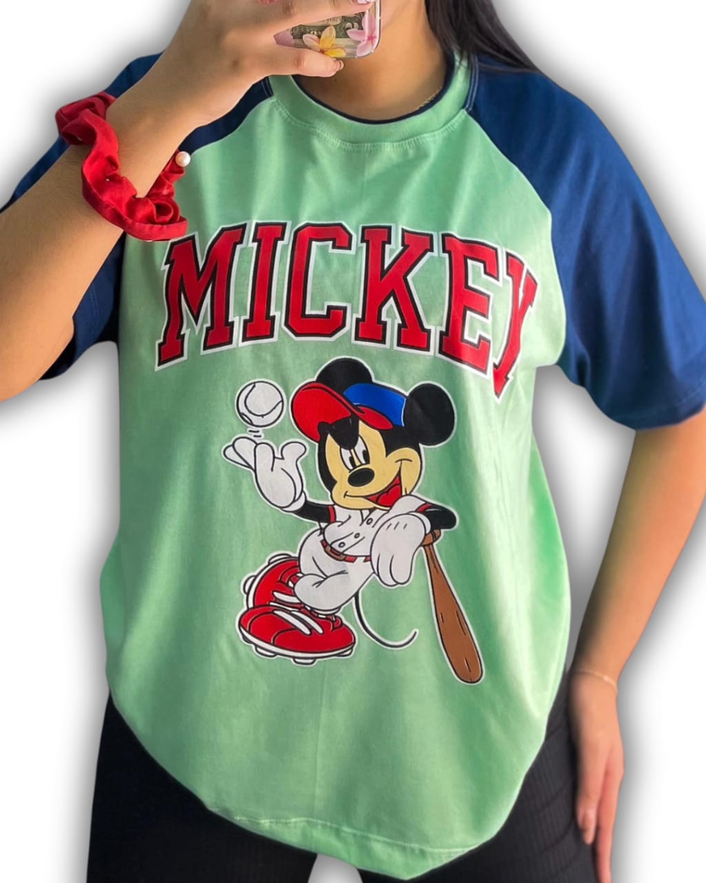 Franela Oversize Beisbolera de Mickey Azul con Verde